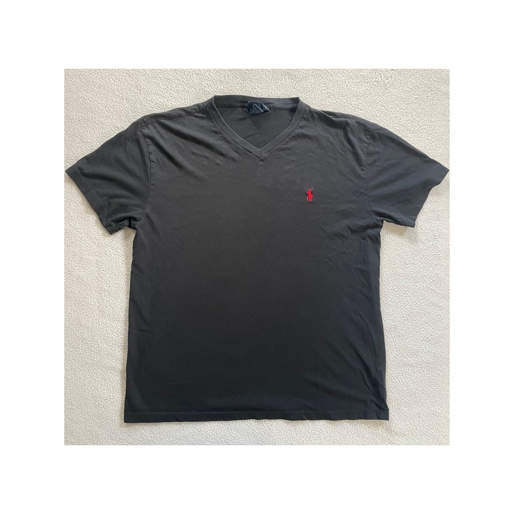 Polo Ralph Lauren Mens Medium T-Shirt Black V-Neck Red Pony Logo Cotton Designer